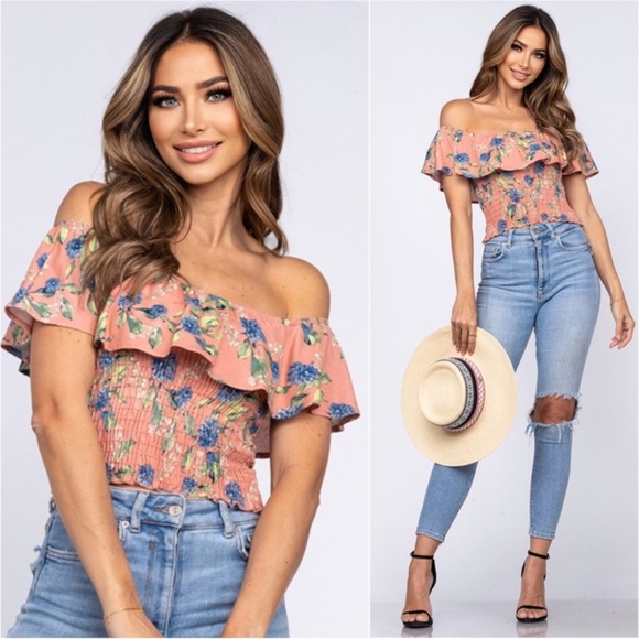 Floral Pattern/Coral Cinched Bodice Ruffle Shoulder Sexy Summer Women’s Crop Top - Picture 3 of 3